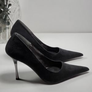 Black Suede Slip On Pointy Toe D’Orsay Heels